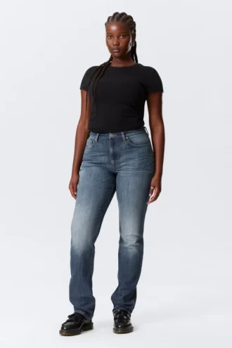 Vega Curve Slim-Fit-Jeans mit hoher Taille – Blue Hymn – Mittelblau