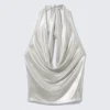 Wasserfall-Drapiertes Neckholder-Top – Glänzendes Beige