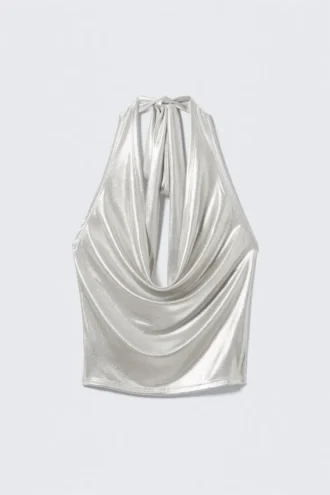 Wasserfall-Drapiertes Neckholder-Top – Glänzendes Beige