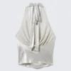 Wasserfall-Drapiertes Neckholder-Top – Glänzendes Beige