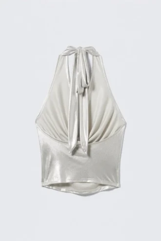 Wasserfall-Drapiertes Neckholder-Top – Glänzendes Beige