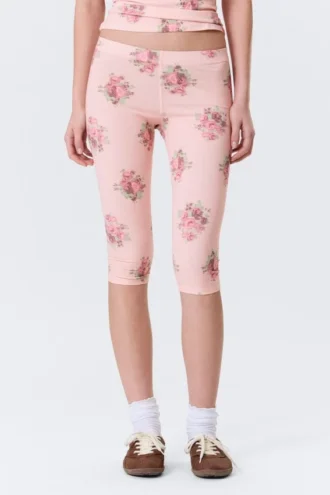 Weiche Capri-Leggings mit mittlerer Leibhöhe – Hellrosa – Blumenmuster