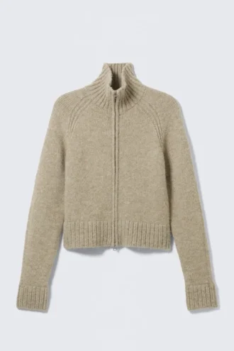 Weiche, figurbetonte Strickjacke mit Reißverschluss – Beige Melange