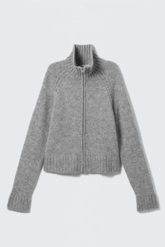 Weiche, figurbetonte Strickjacke mit Reißverschluss – Grau meliert