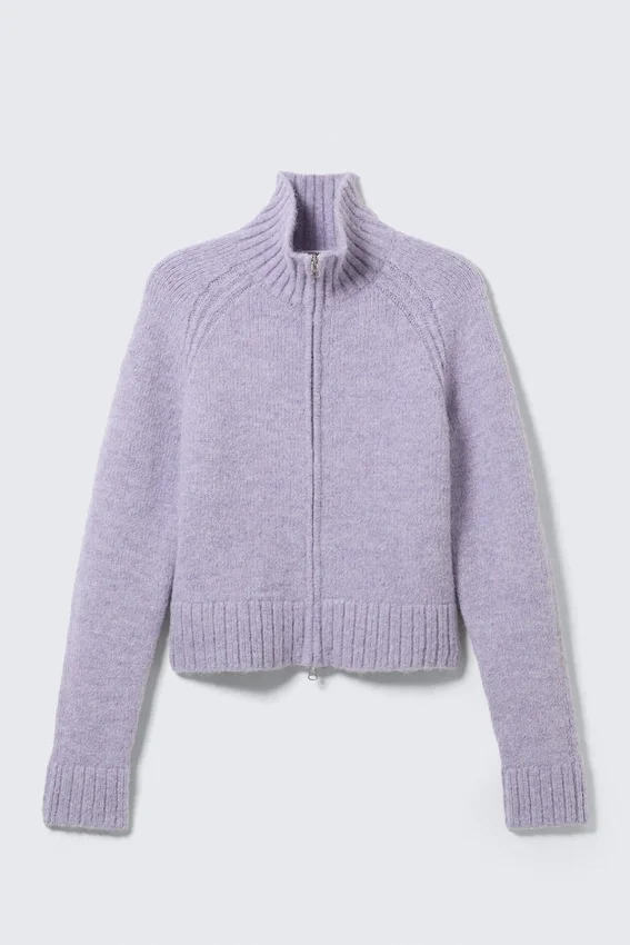 Weiche, figurbetonte Strickjacke mit Reißverschluss – Hellviolett meliert Weiche, figurbetonte Strickjacke mit Reißverschluss – Hellviolett meliert