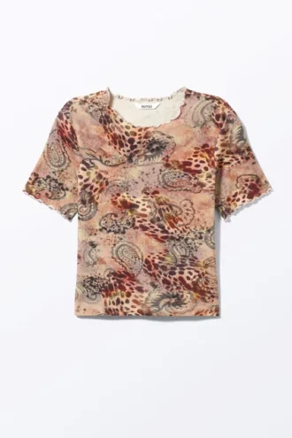 Weiches bedrucktes Kurzarm-T-Shirt – Rosa – Leoparden-Paisley-Muster