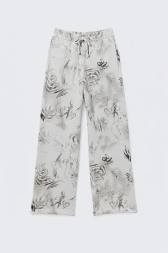 Weit geschnittene Jogginghose aus Baumwolle – Grau meliert – Scribble-Print