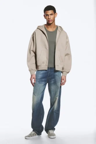 Weit geschnittener Kapuzenpullover mit Reißverschluss – Hellbeige