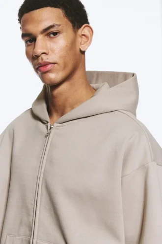 Weit geschnittener Kapuzenpullover mit Reißverschluss – Hellbeige