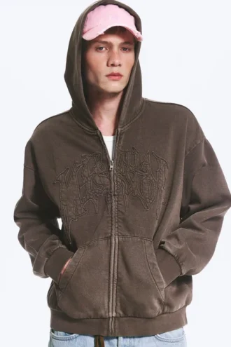Weit geschnittener Kapuzenpullover mit Reißverschluss und Print – Dunkelbraun