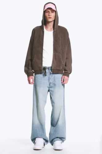 Weit geschnittener Kapuzenpullover mit Reißverschluss und Print – Dunkelbraun
