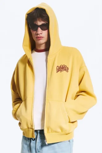 Weit geschnittener Kapuzenpullover mit Reißverschluss und Print – Gelb – Rote Welle
