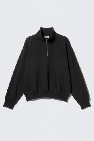 Weit geschnittenes Fleece-Sweatshirt mit halbem Reißverschluss – Schwarz