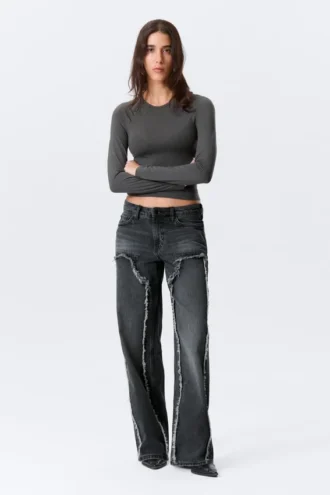 Weite, ausgefranste Low-Rise-Jeans mit weitem Bein – Kimberly Blue – Dunkelblau