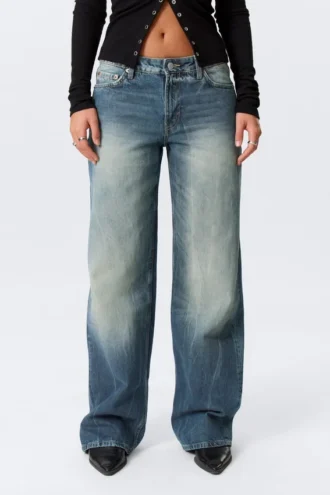 Weite, lockere Low-Rise-Jeans – Benzinblau – Mittelblau