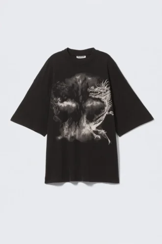 Weites, übergroßes bedrucktes T-Shirt – Schwarz – Drache