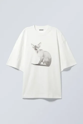 Weites, übergroßes bedrucktes T-Shirt – Weiß – Sphynx-Katze