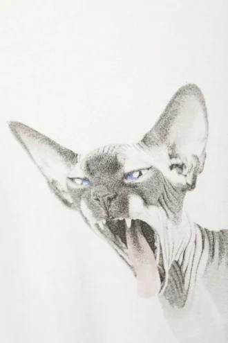 Weites, übergroßes bedrucktes T-Shirt – Weiß – Sphynx-Katze