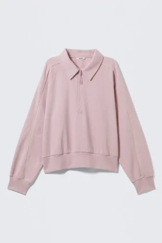 Weites Polo-Sweatshirt mit halbem Reißverschluss – Hellrosa
