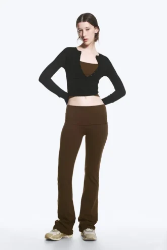 Yoga-Leggings mit gefaltetem Bund und ausgestelltem Bein – Dunkelbraun