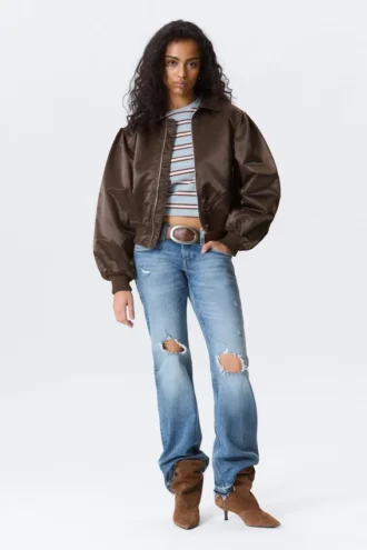 Yulia B Lockere Nylon-Bomberjacke – Dunkelbraun