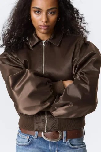 Yulia B Lockere Nylon-Bomberjacke – Dunkelbraun